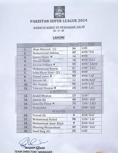 پشاور زلمی کا ٹاس جیت کر فیلڈنگ کا فیصلہ ، کراچی کنگز میں دو تبدیلیاں 2 کراچی کنگز